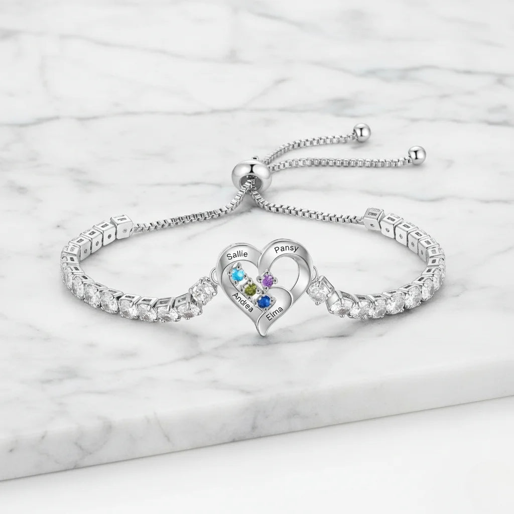 Personalized Heart Name & Birthstone Bracelet for Mom