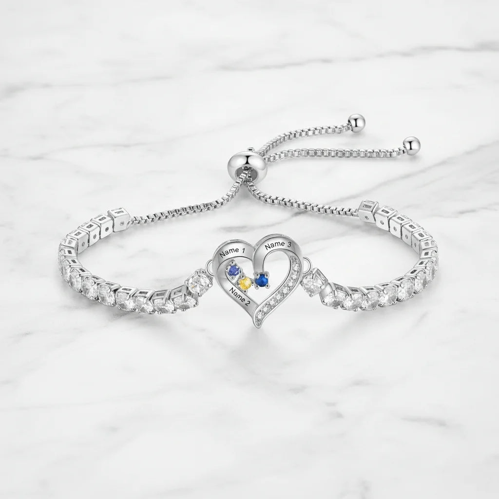 Personalized Heart Name & Birthstone Bracelet for Mom