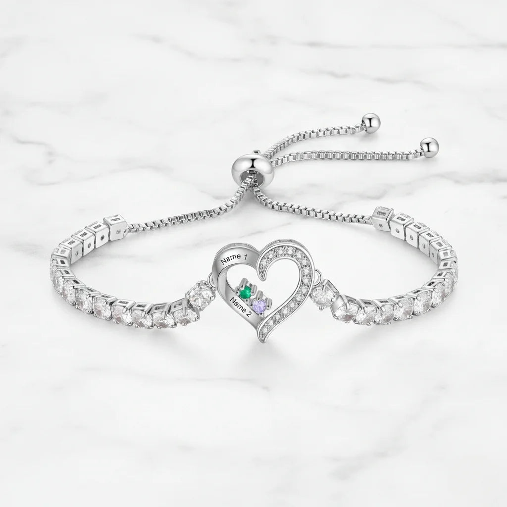 Personalized Heart Name & Birthstone Bracelet for Mom