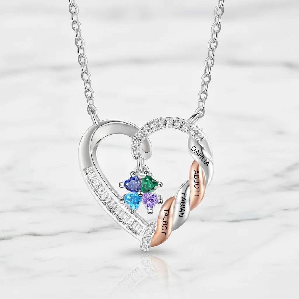 Personalized Heart Necklace for Mom: Birthstone & Engraved 2-4 Names