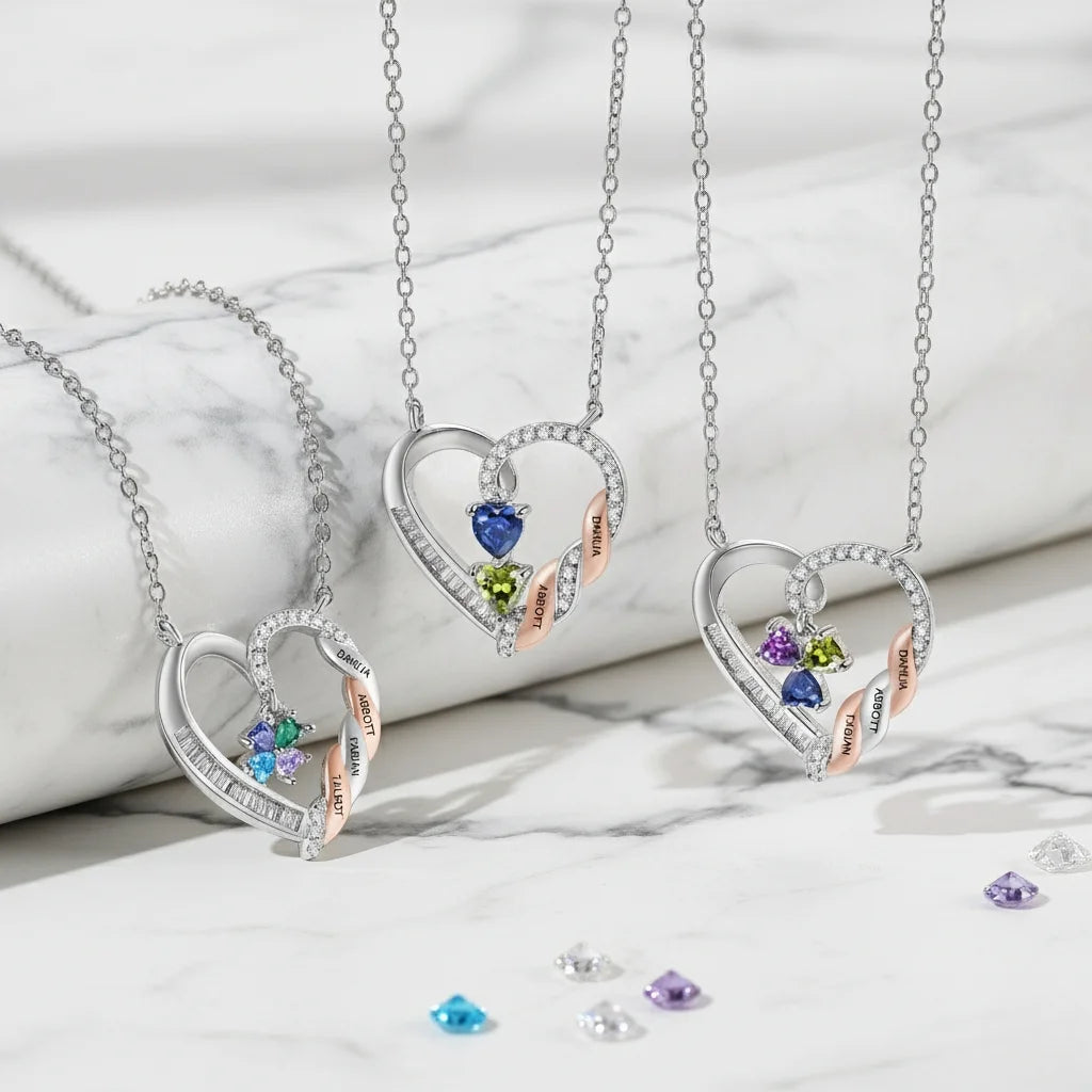 Personalized Heart Necklace for Mom: Birthstone & Engraved 2-4 Names