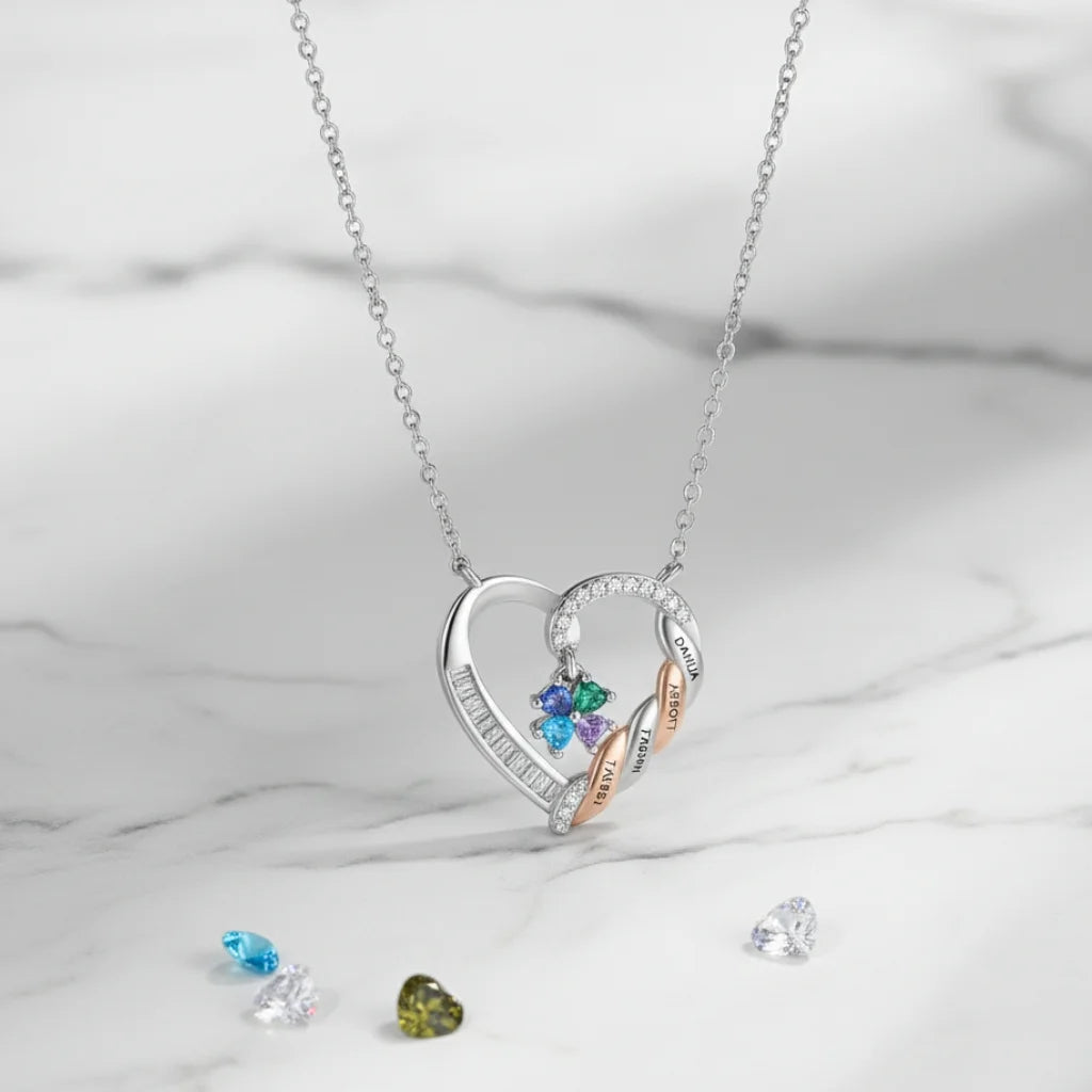 Personalized Heart Necklace for Mom: Birthstone & Engraved 2-4 Names 
