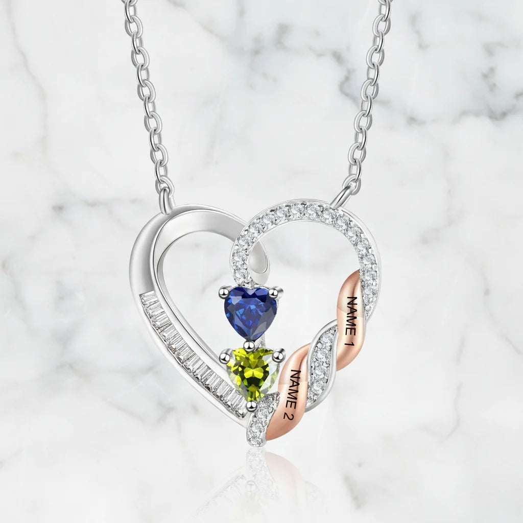 Personalized Heart Necklace for Mom: Birthstone & Engraved 2-4 Names