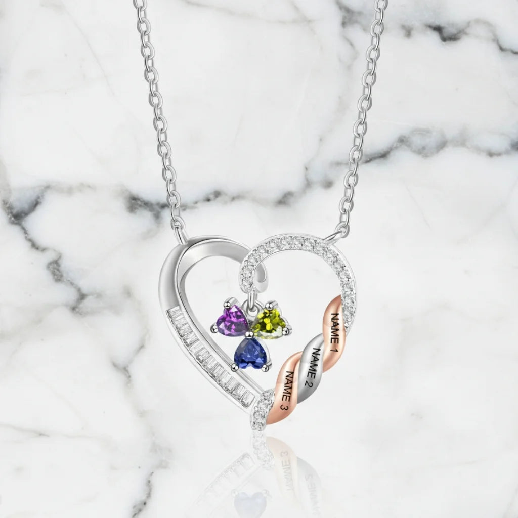 Personalized Heart Necklace for Mom: Birthstone & Engraved 2-4 Names