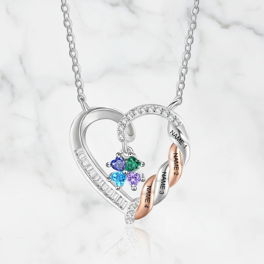Personalized Heart Necklace for Mom: Birthstone & Engraved 2-4 Names 