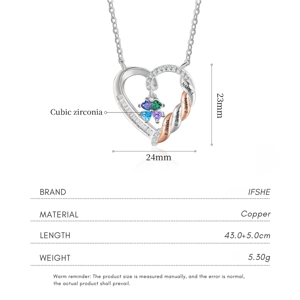 Personalized Heart Necklace for Mom: Birthstone & Engraved 2-4 Names