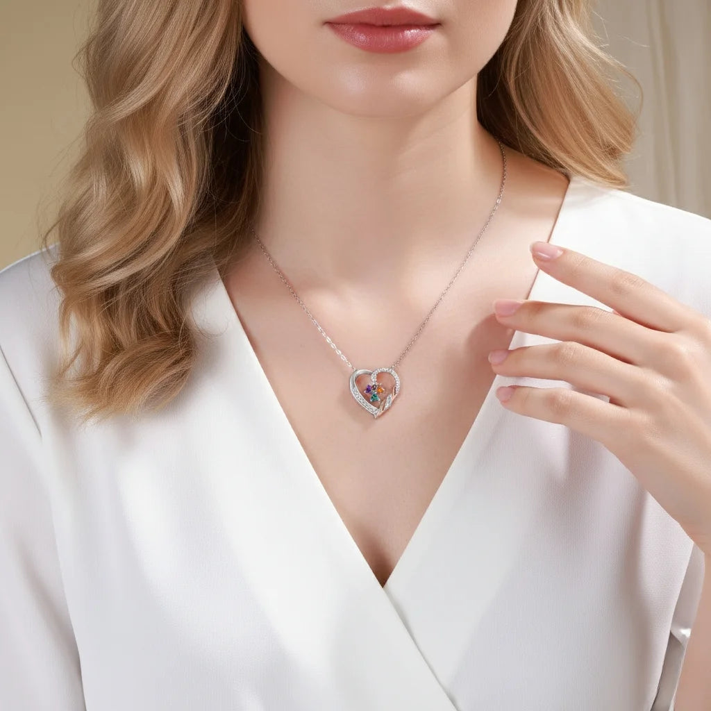 Personalized Heart Necklace for Mom: Birthstone & Engraved 2-4 Names IfShe