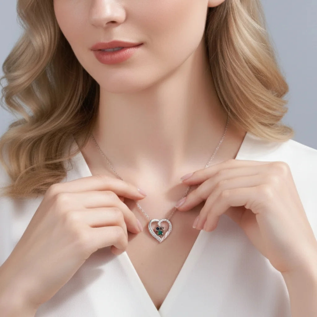 Personalized Heart Necklace for Mom: Birthstone & Engraved 2-4 Names IfShe