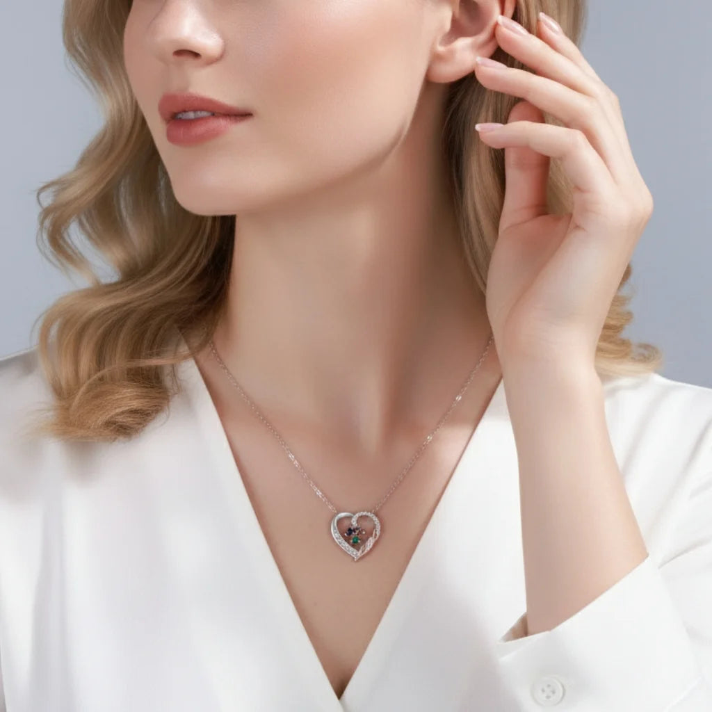 Personalized Heart Necklace for Mom: Birthstone & Engraved 2-4 Names IfShe