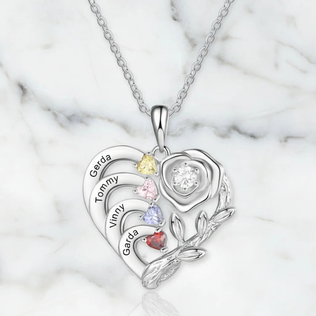 Personalized Heart Necklace with Birthstones and Engraved Names for Mom and Grandma