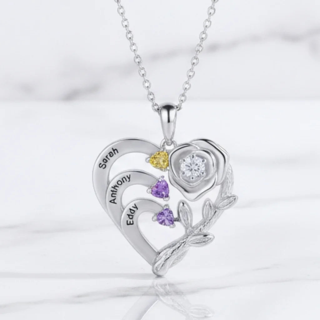 Personalized Heart Necklace with Birthstones and Engraved Names for Mom and Grandma