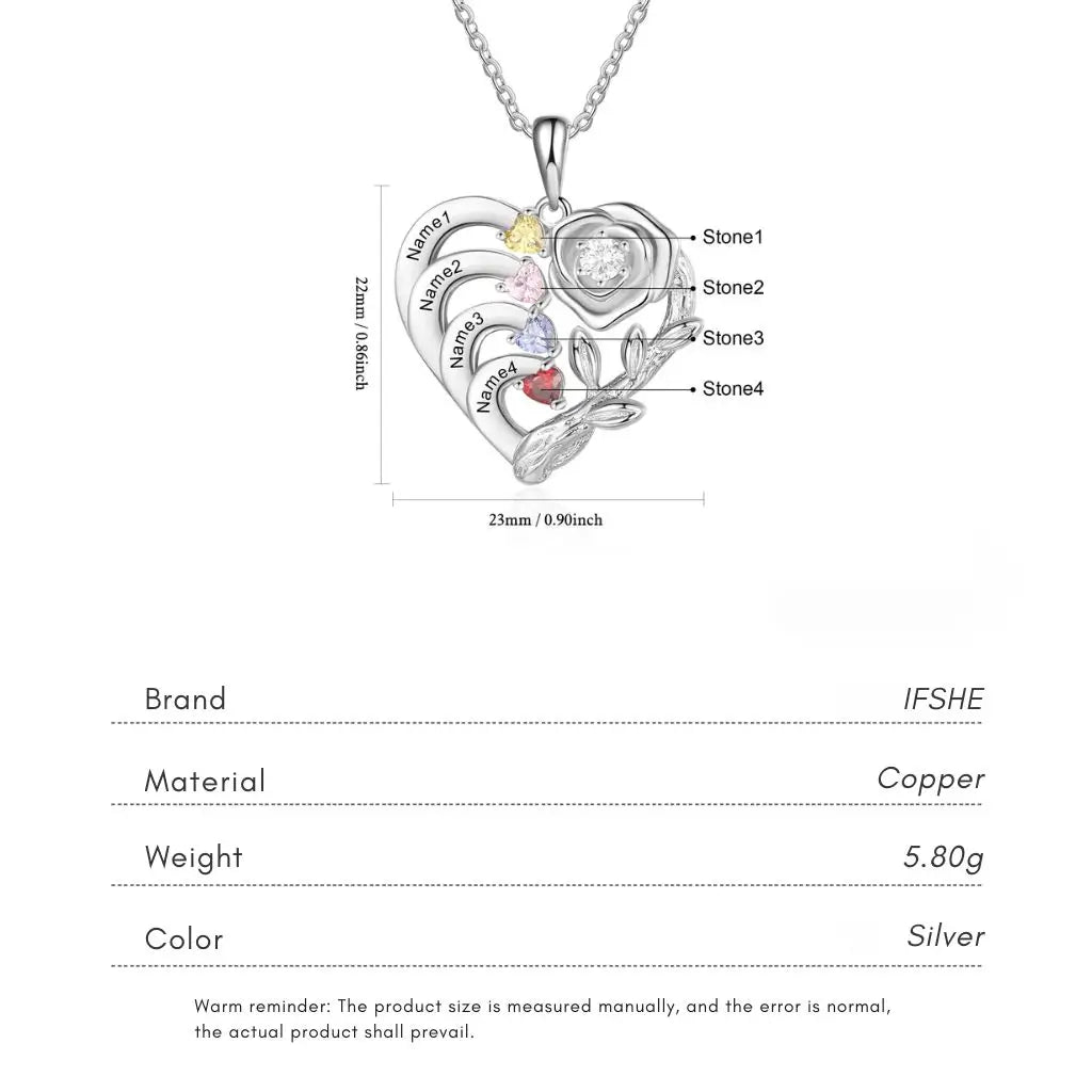 Personalized Heart Necklace with Birthstones and Engraved Names for Mom and Grandma