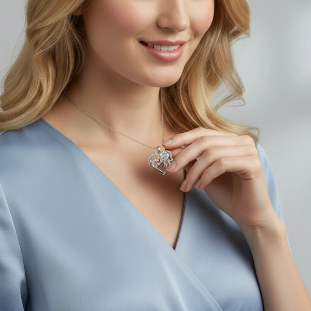 Personalized Heart Necklace with Birthstones and Engraved Names for Mom and Grandma
