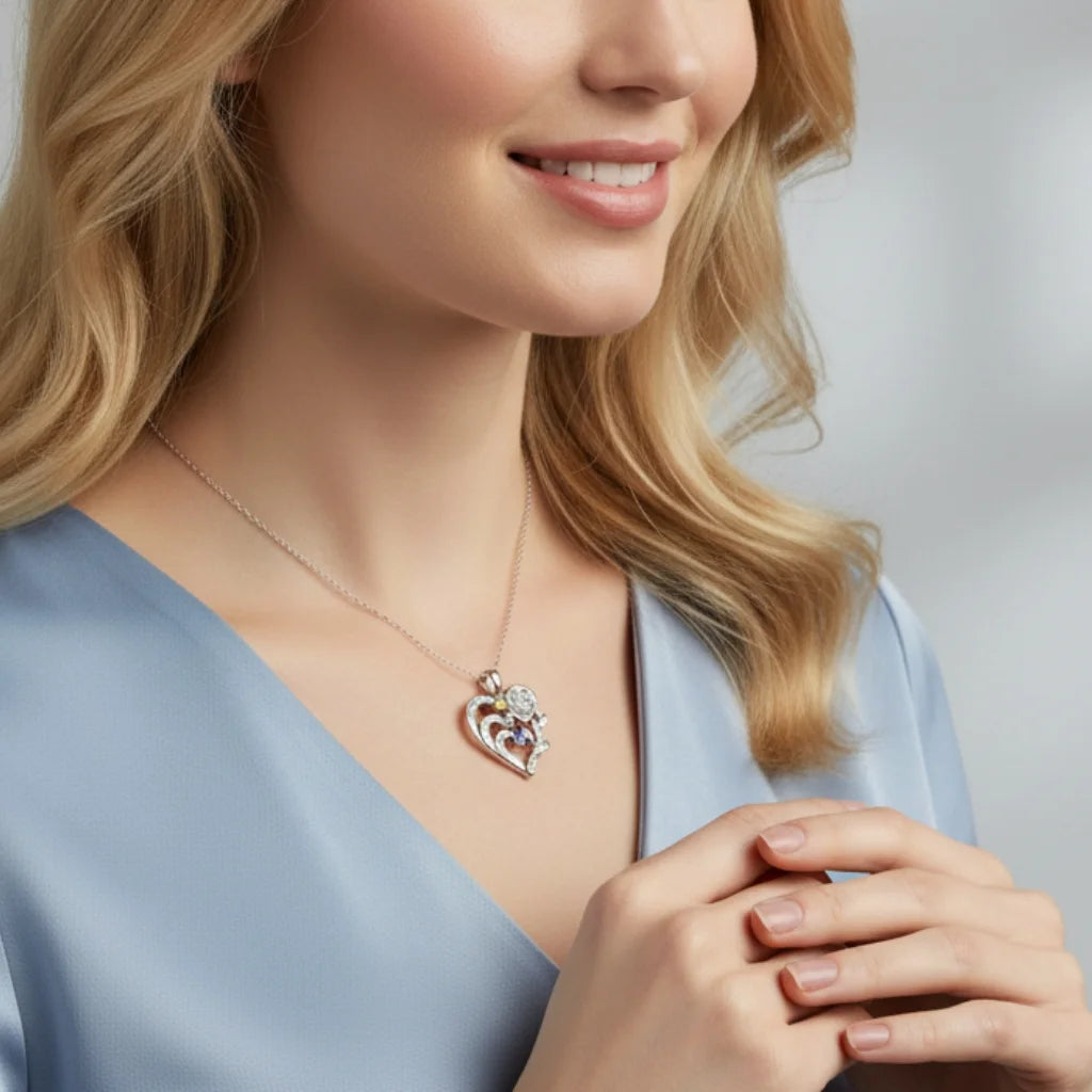 Personalized Heart Necklace with Birthstones and Engraved Names for Mom and Grandma
