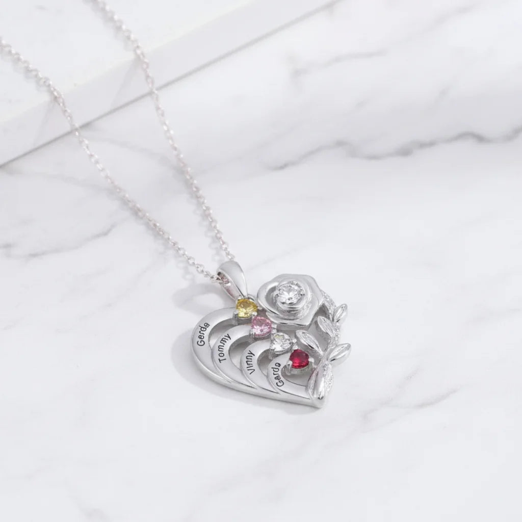 Personalized Heart Necklace with Birthstones and Engraved Names for Mom and Grandma