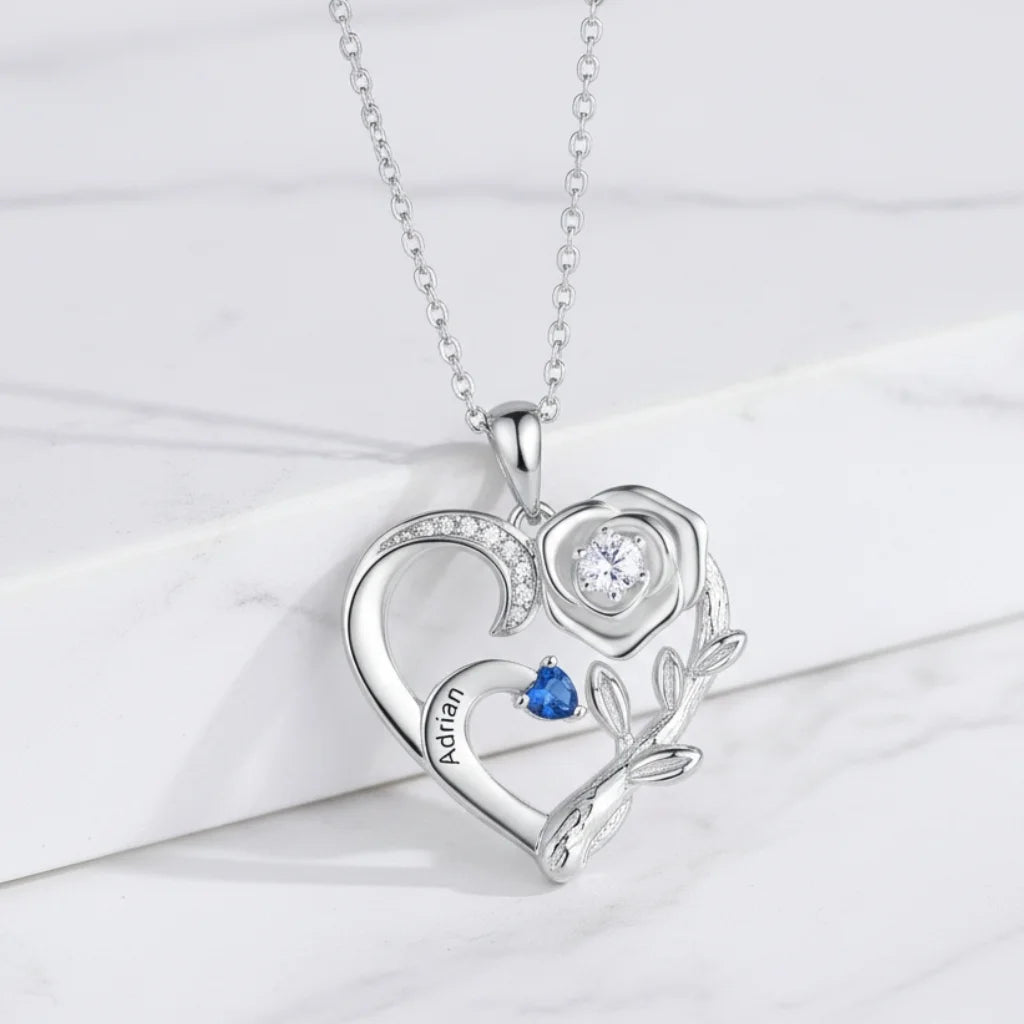 Personalized Heart Necklace with Birthstones and Engraved Names for Mom and Grandma