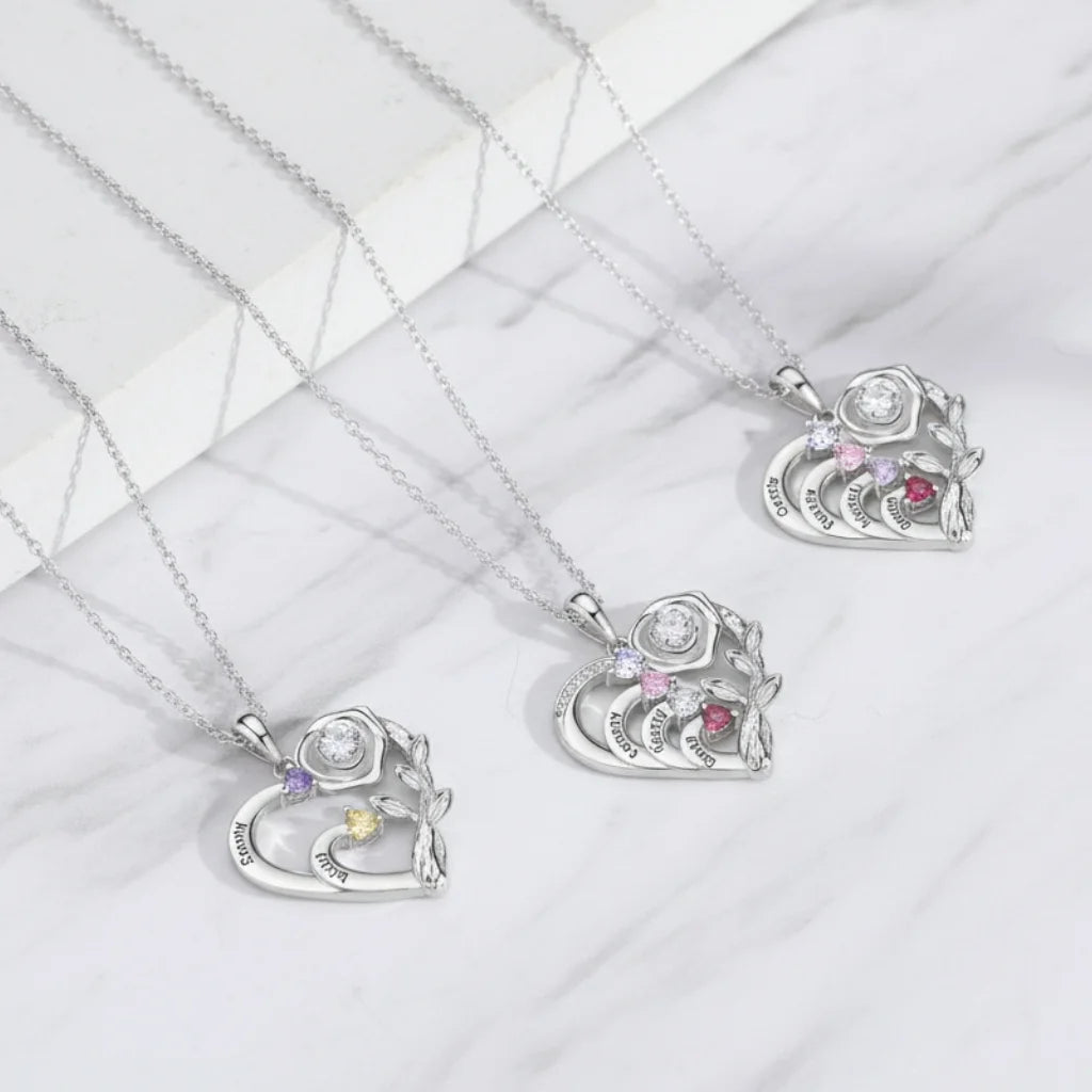 Personalized Heart Necklace with Birthstones and Engraved Names for Mom and Grandma