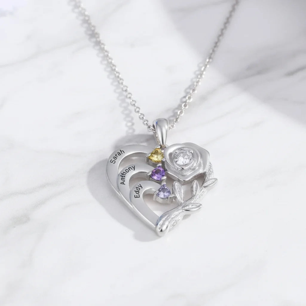Personalized Heart Necklace with Birthstones and Engraved Names for Mom and Grandma