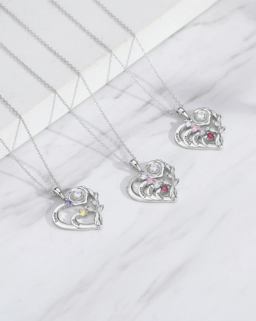 Personalized Heart Necklace with Birthstones and Engraved Names for Mom and Grandma IfShe Jewelry