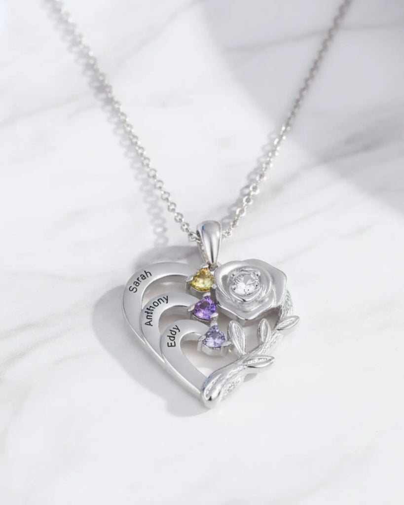 Personalized Heart Necklace with Birthstones and Engraved Names for Mom and Grandma IfShe Jewelry
