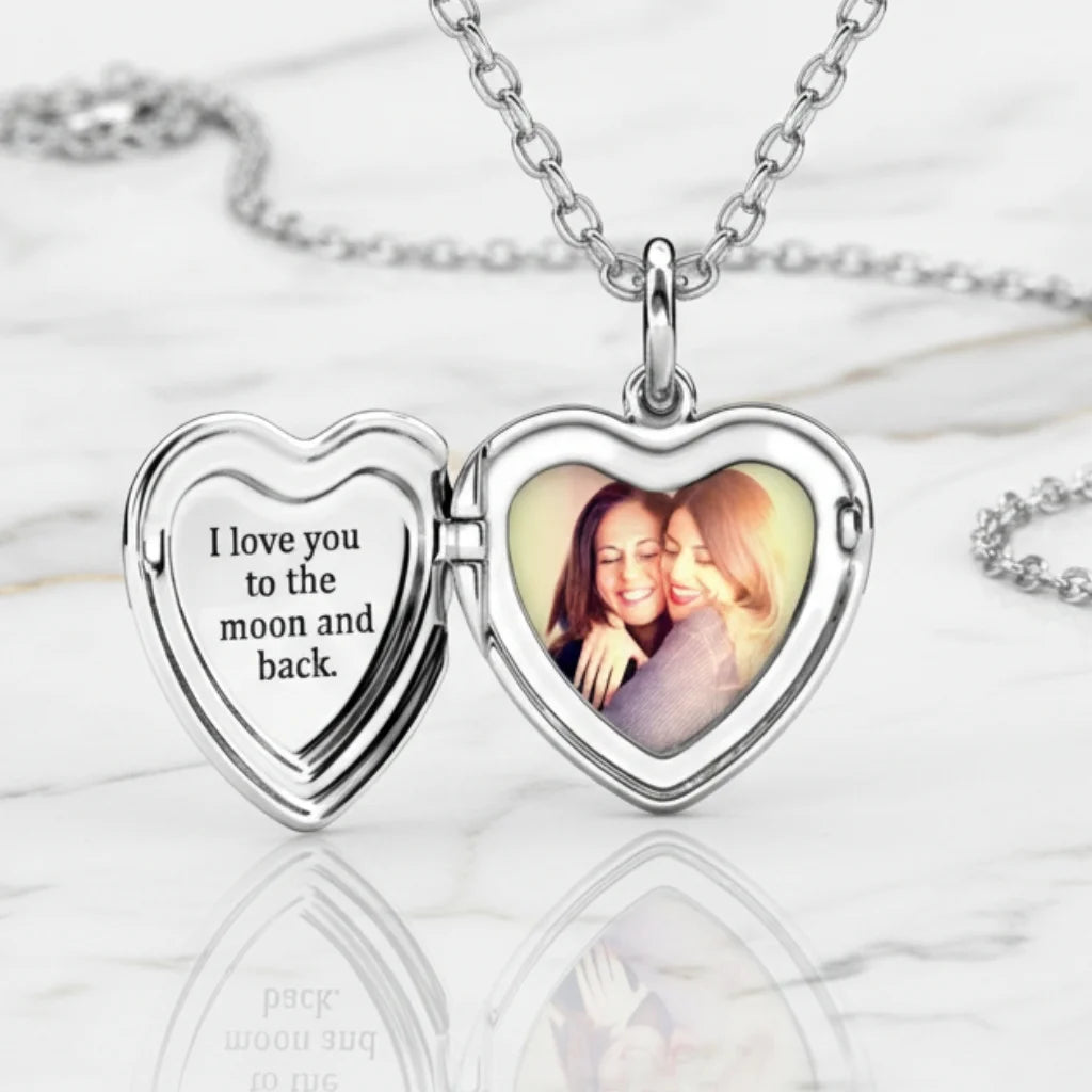 Personalized Heart Photo Locket Necklace - Engraved Sterling Silver in Gold, Rose Gold, or Silver