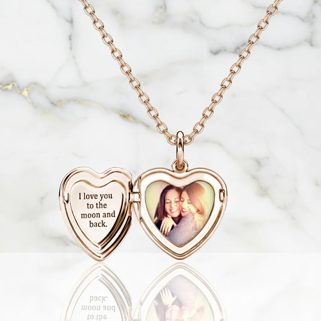 Personalized Heart Photo Locket Necklace - Engraved Sterling Silver in Gold, Rose Gold, or Silver