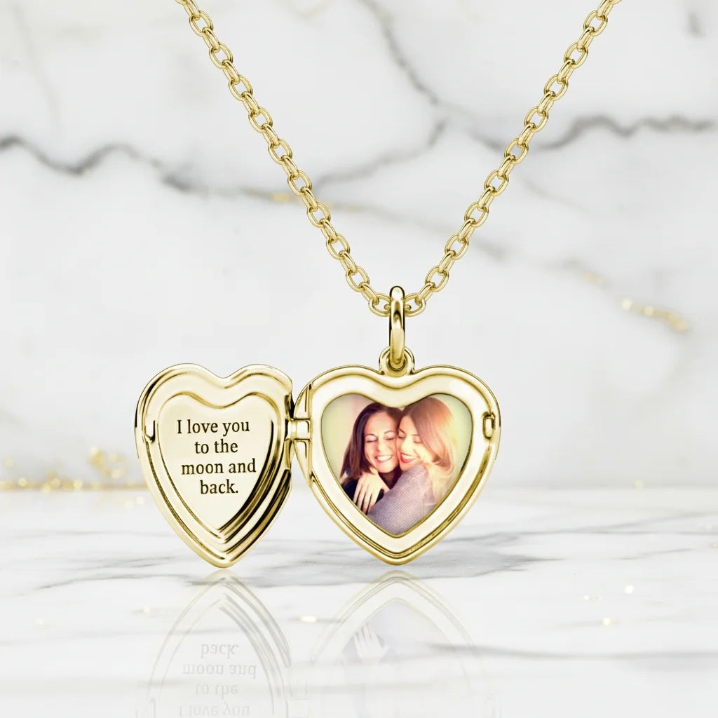Personalized Heart Photo Locket Necklace - Engraved Sterling Silver in Gold, Rose Gold, or Silver