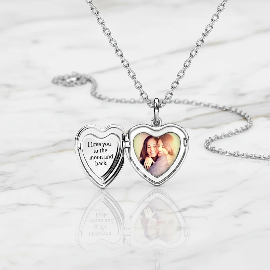 Personalized Heart Photo Locket Necklace - Engraved Sterling Silver in Gold, Rose Gold, or Silver