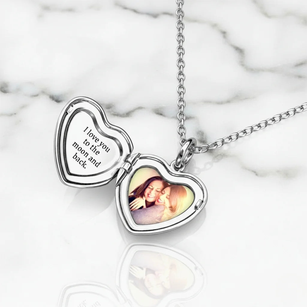 Personalized Heart Photo Locket Necklace - Engraved Sterling Silver in Gold, Rose Gold, or Silver