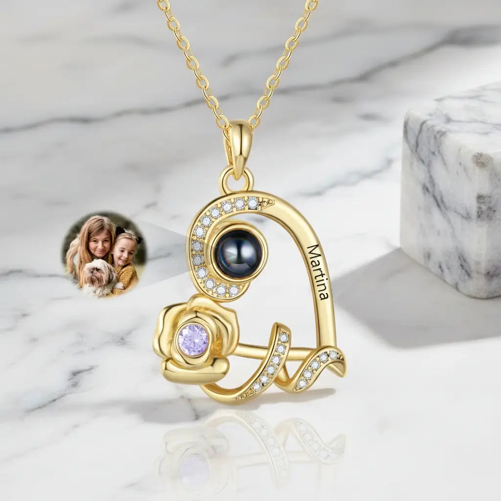 Personalized Heart Rose Photo Projection Necklace with Name Engraving & Birthstone