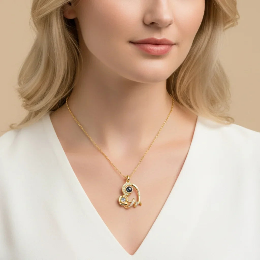 Personalized Heart Rose Photo Projection Necklace with Name Engraving & Birthstone