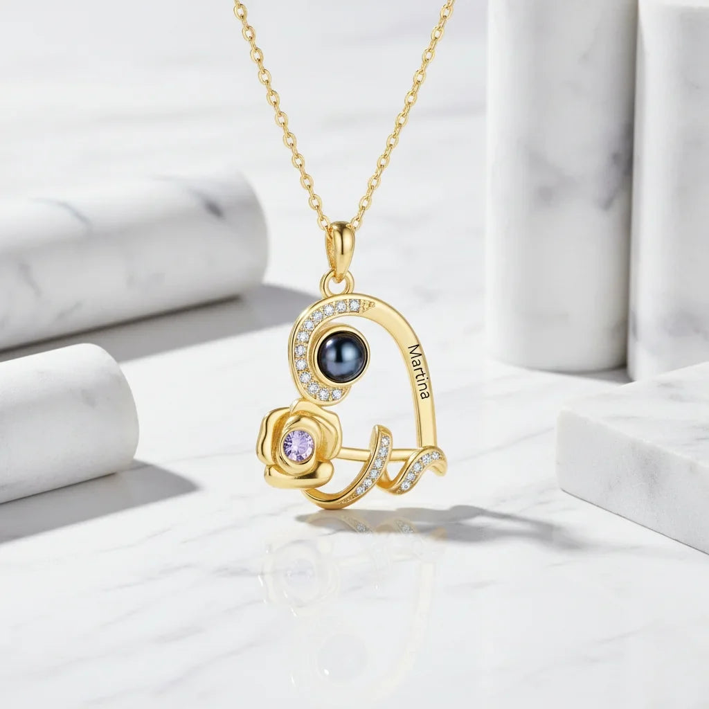 Personalized Heart Rose Photo Projection Necklace with Name Engraving & Birthstone