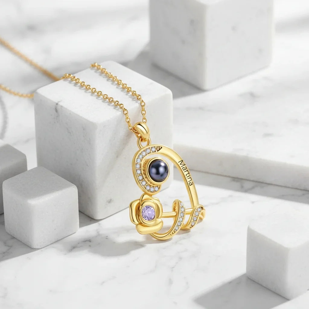 Personalized Heart Rose Photo Projection Necklace with Name Engraving & Birthstone