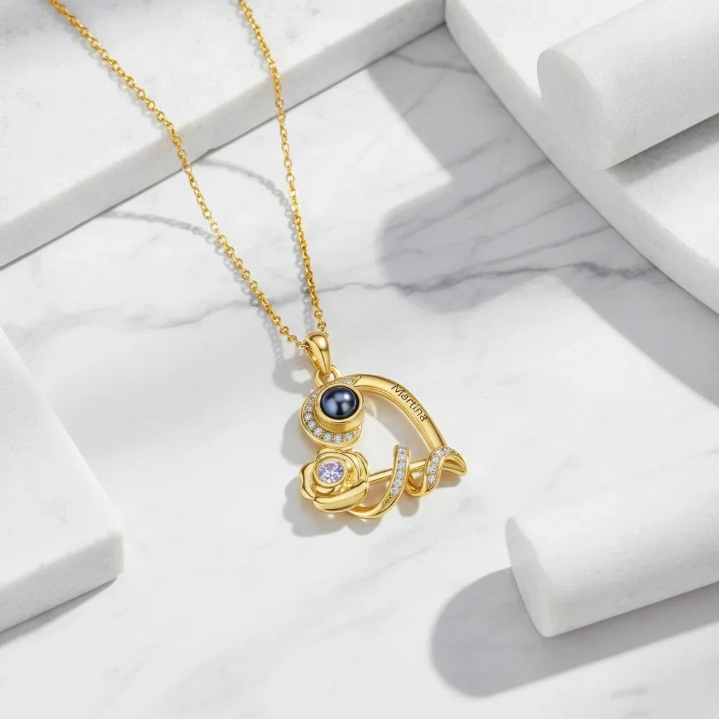 Personalized Heart Rose Photo Projection Necklace with Name Engraving & Birthstone