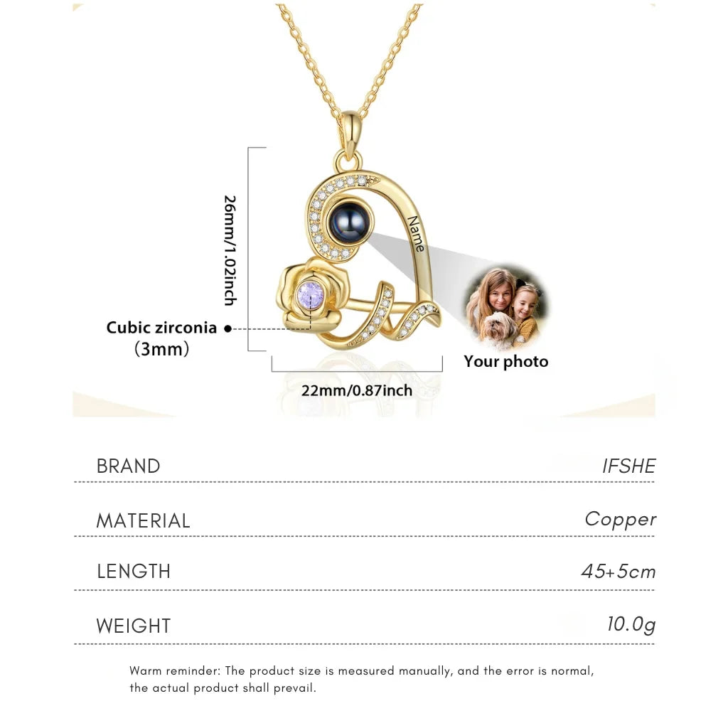 Personalized Heart Rose Photo Projection Necklace with Name Engraving & Birthstone