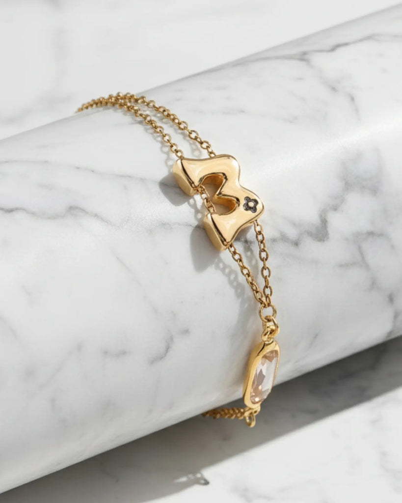 Personalized Initial & Birthstone Bracelet - Layered Gold Steel Chain IfShe Jewelry