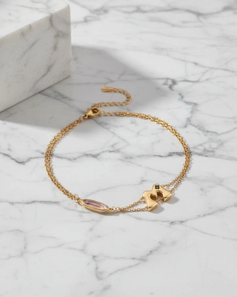 Personalized Initial & Birthstone Bracelet - Layered Gold Steel Chain IfShe Jewelry