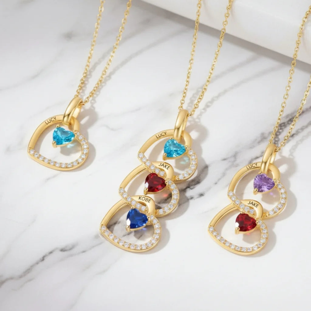 Personalized Interlocking Heart Necklace with Engraved Names and Birthstones