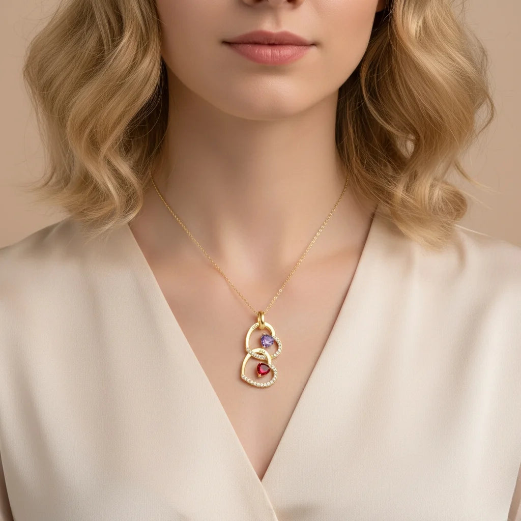 Personalized Interlocking Heart Necklace with Engraved Names and Birthstones