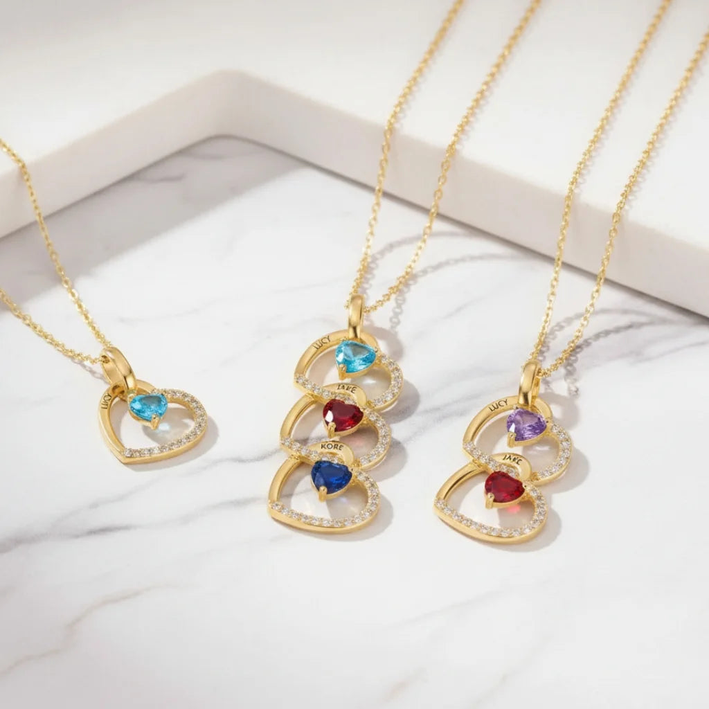 Personalized Interlocking Heart Necklace with Engraved Names and Birthstones