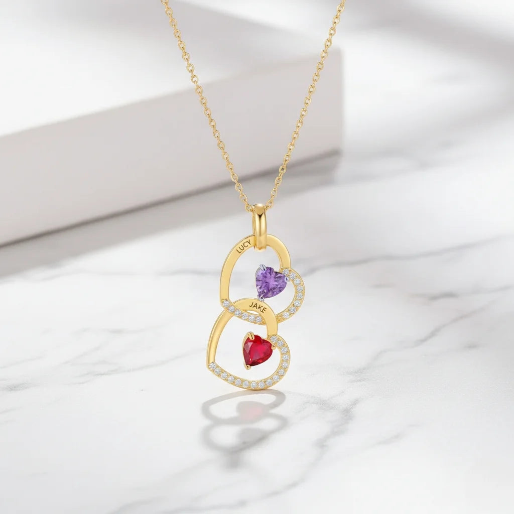 Personalized Interlocking Heart Necklace with Engraved Names and Birthstones