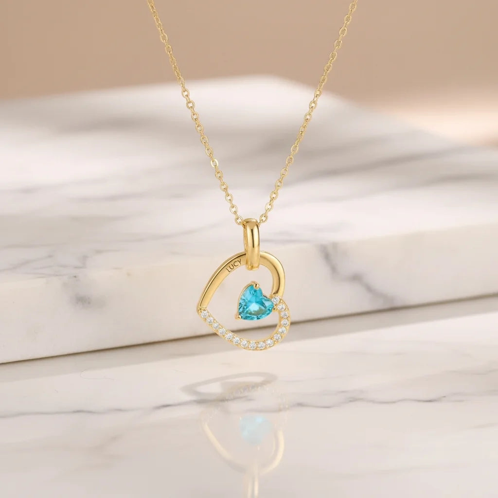 Personalized Interlocking Heart Necklace with Engraved Names and Birthstones