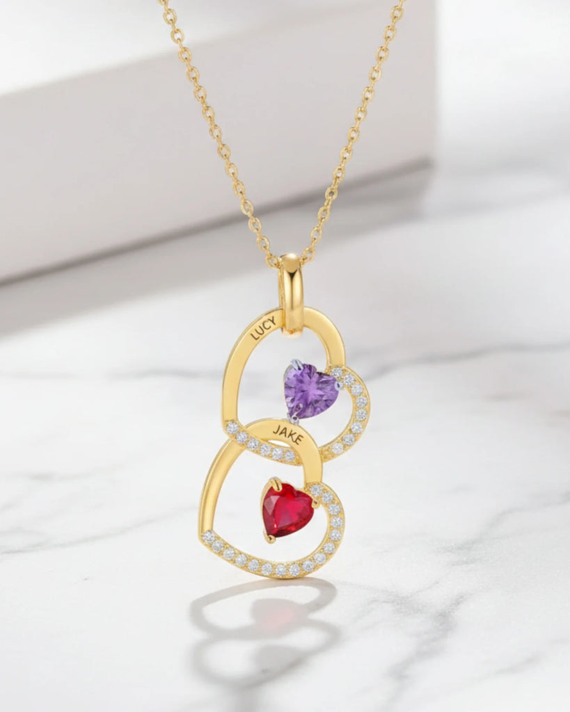 Personalized Interlocking Heart Necklace with Engraved Names and Birthstones IfShe Jewelry