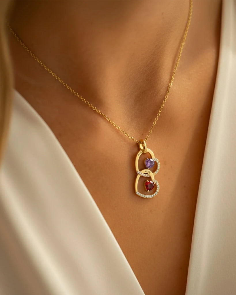 Personalized Interlocking Heart Necklace with Engraved Names and Birthstones IfShe Jewelry