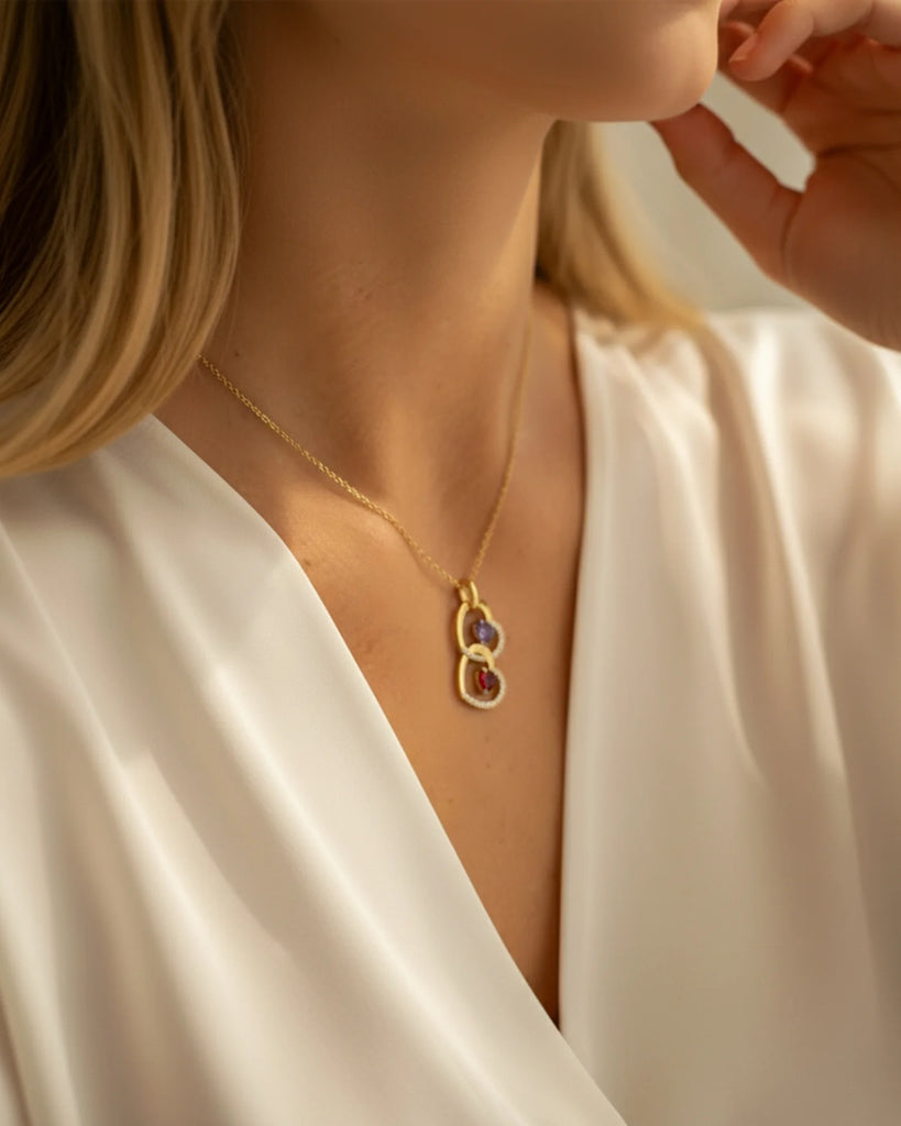 Personalized Interlocking Heart Necklace with Engraved Names and Birthstones IfShe Jewelry