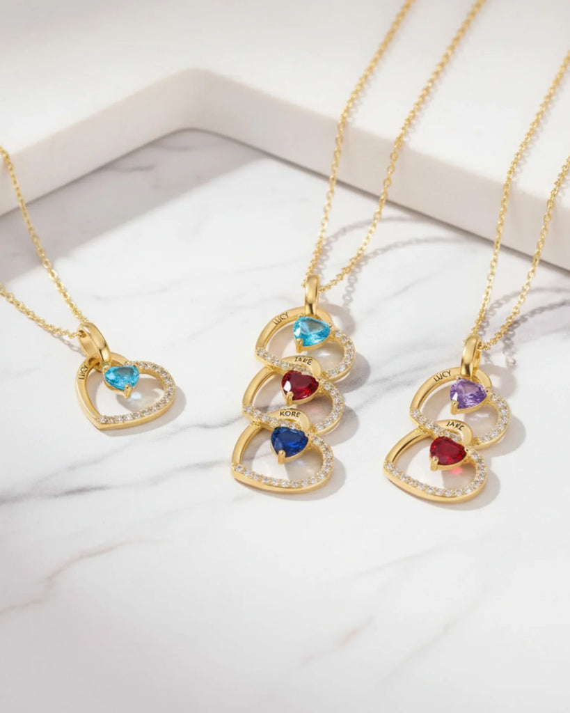 Personalized Interlocking Heart Necklace with Engraved Names and Birthstones IfShe Jewelry