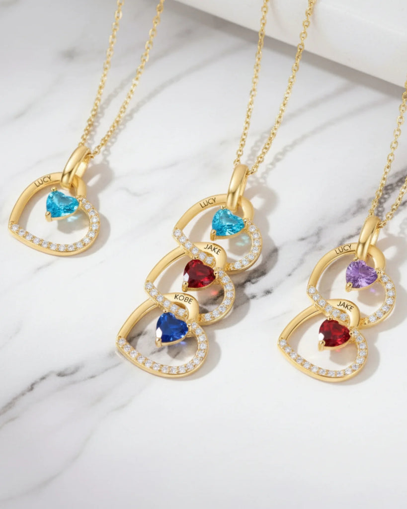 Personalized Interlocking Heart Necklace with Engraved Names and Birthstones IfShe Jewelry