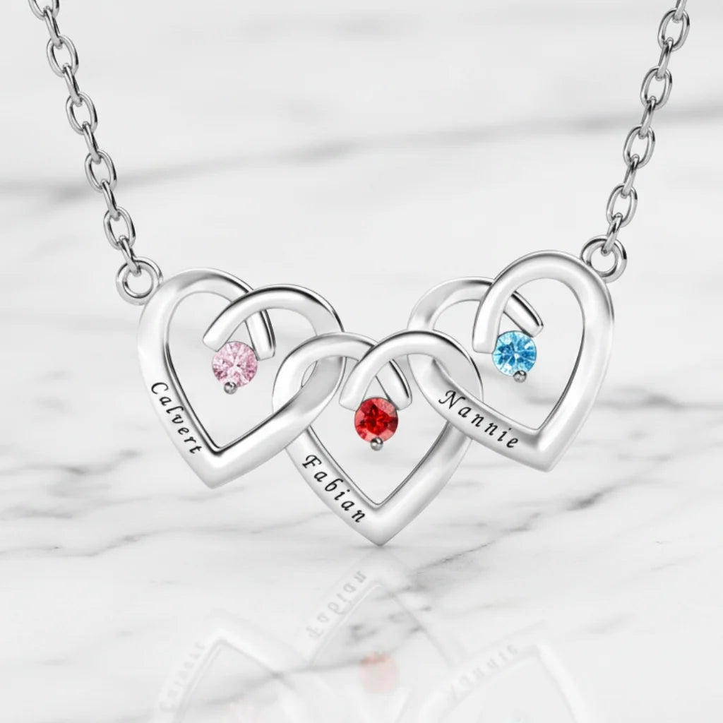Personalized Interlocking Three Heart Birthstone Necklace – Custom Engraved 925 Sterling Silver Gift for Mom