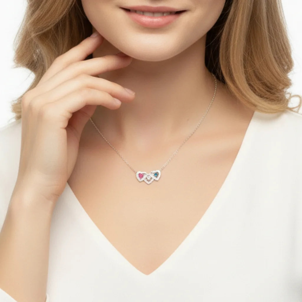Personalized Interlocking Three Heart Birthstone Necklace – Custom Engraved 925 Sterling Silver Gift for Mom