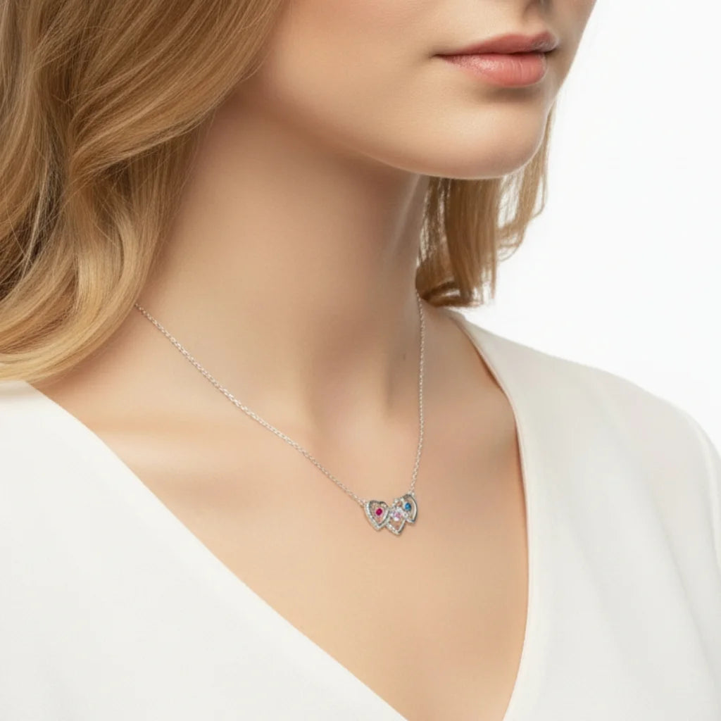 Personalized Interlocking Three Heart Birthstone Necklace – Custom Engraved 925 Sterling Silver Gift for Mom